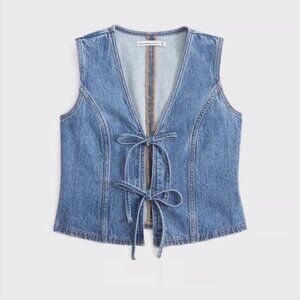 NWT Abercrombie & Fitch Tie Front Denim Vest Jean Bows Open Front V Neck XXS